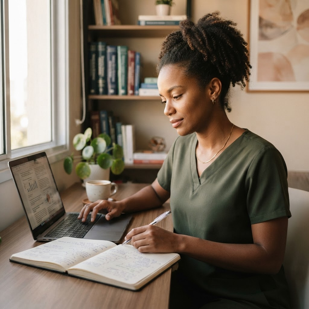 Profissional negra consultando materiais de capacitação sobre a saúde das mulheres